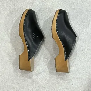 Marcus Black Leather Wooden Swedish Clogs Size 36 thumbnail 6