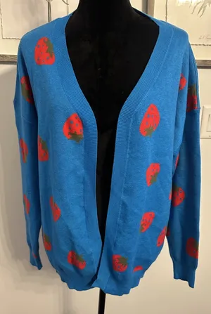 Strawberry Cardigan Women’s XL Open Front Royal Blue & Red Kitschy Fruity Whimsy thumbnail 1