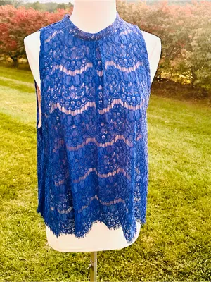 Love, Fire Royal Blue Mock Neck Lace Sleeveless Blouse thumbnail 2