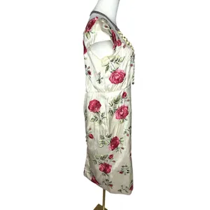 vintage Ivory Floral Brocade Pink Rose Print Empire Waist Cottagecore Midi Dress thumbnail 4