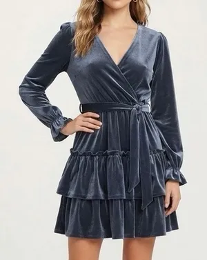 Baltic Born Navy Blue Velvet Faux Wrap Tiered Mini Dress Long Sleeve Size M thumbnail 1