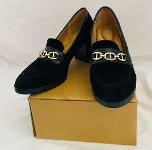 Giani Bernini Black Suede with Gold Chain Heel Loafers thumbnail 1