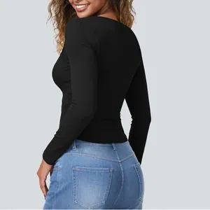 HALARA Ribbed Knit Square Neck Cut Out Long Sleeve Curved Hem Cropped Top thumbnail 2
