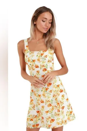 Lulus Day Date Tie Back White Orange Floral Mini Dress Womens Size Large New thumbnail 4