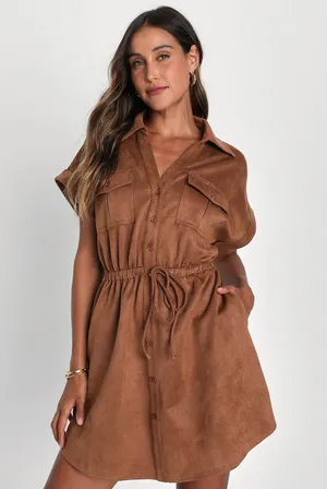 Lulus Always Endearing Brown Suede Mini Dress Stretch with Pockets Women's Small thumbnail 1