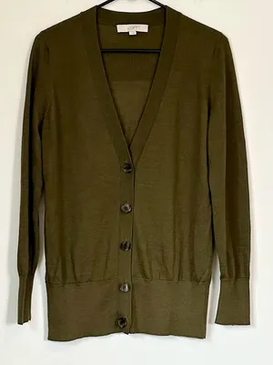 LOFT Olive Green V-Neck Button Wool Blend Cardigan - Size: Medium thumbnail 2