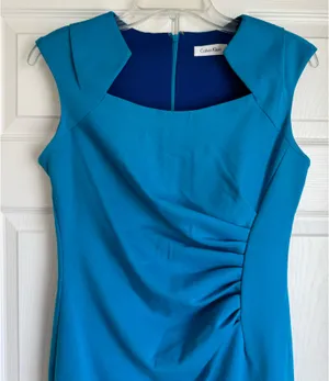 Calvin Klein‎ Side Ruched Horseshoe Neck Sz 8P TEAL Sleeveless Sheath Dress thumbnail 2