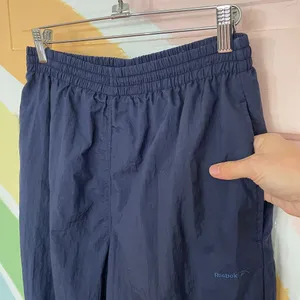 Vintage 90s Reebok Navy Nylon Track Pants Lined Zip Ankle Sz L 💚🎀 thumbnail 8