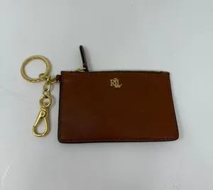 Ralph Lauren Genuine Leather Zip Card Case Wallet Key Chain Tan Brown Gold thumbnail 1