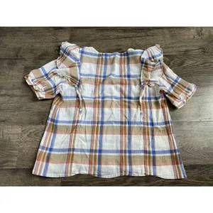 EUC Womens Madewell V‎ Neck Shoulder Ruffle Top In Plaid Short Sleeve Size L thumbnail 4