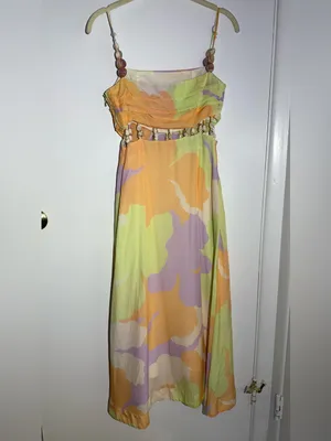 Amur Pastel Floral Midi Dress with Beaded Waist Straps - Yellow Green thumbnail 5