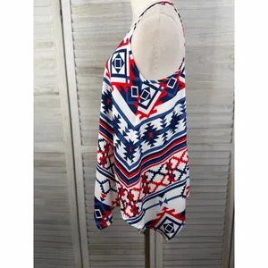 XHILARATION Southwestern Handkerchief Hem Flowy Tank Top White Red Blue-Medium thumbnail 2