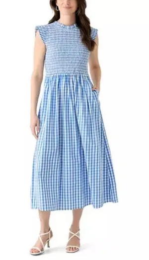 Crown & Ivy Blue Gingham Smocked Midi Dress Sleeveless Womens Size 8 Excellent thumbnail 1