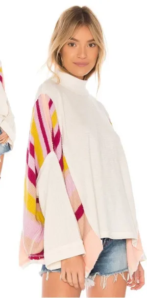 Free People Susie Swit Oversized Pullover Sweater M Mockneck Colorful Striped thumbnail 1