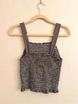 Sanctuary Brown Gingham Plaid Smocked Crop Tank Top Size Medium thumbnail 6