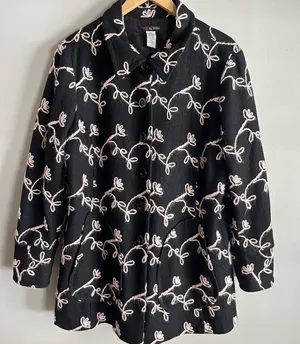Vintage Y2K Focus by Shani Black Floral Embroidered Wool Blend Jacket XL thumbnail 1