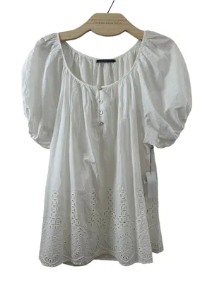 VELVET White Eyelet Romantic Feminine Puff-Sleeve Blouse Peasant Top L thumbnail 3
