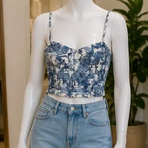 PrettyLittleThing Women Corset Top Blue White Renaissance Toile Print 8 thumbnail 1