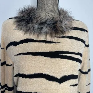Elizabeth New York Tan Black Fuzzy Collar Rare Vintage Sweater Top Small thumbnail 3