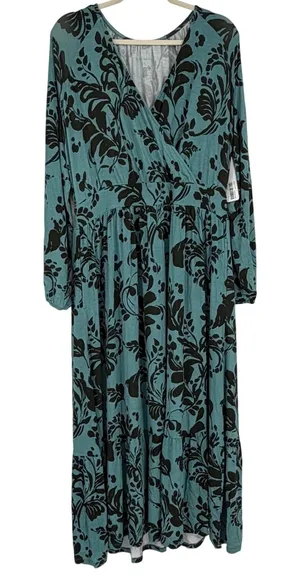 Soft‎ Surroundings Teal Black Floral Maxi Dress XL Long Sleeve Wrap Front thumbnail 1