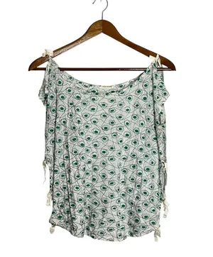 Anthropologie Pilcro White Green Printed Side Tie Short Sleeve Top thumbnail 2
