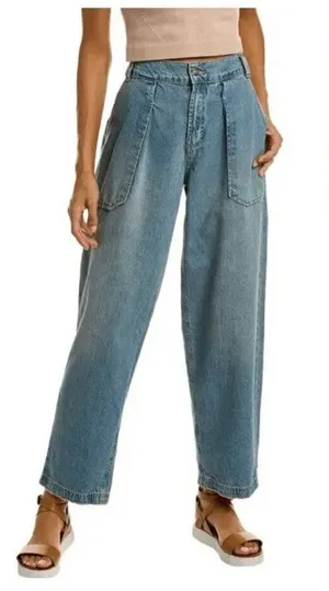 Barrel Jeans XS Low Slung Free People Maeve Oversized Trouser Wide Blue Boho thumbnail 1