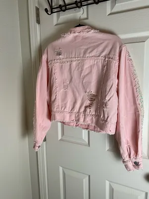 POL Pink Blush Denim Jacket with Sequin Lace Sleeves & Raw Hem - Sz L thumbnail 8