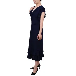 NWT Ny Collection Womens Petite Flutter Sleeve Ruffle Midi Dress Navy Blue PM thumbnail 3