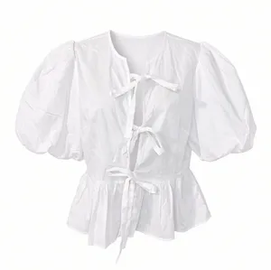 Playa Lucila White Puff Sleeve Peplum Tie Front Blouse S thumbnail 1