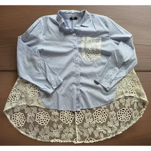 Womens Blue White Striped Button Down Blouse Lace Back Pocket Size XL thumbnail 2