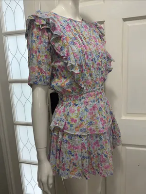 LoveShackFancy 100% Cotton Smocked Ruffle Mini Dress Blue & Pink Floral Size XS thumbnail 9
