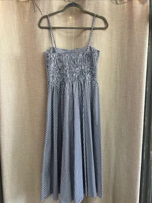 Navy White Striped Midi Dress Spaghetti Strap Size L thumbnail 10