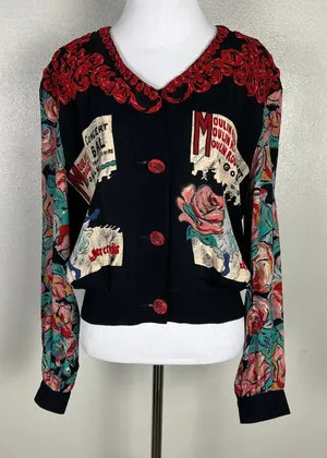 Carole Little Cardigan Jacket M Moulin Rouge Can Can Dancer Floral Rosette Artsy thumbnail 1