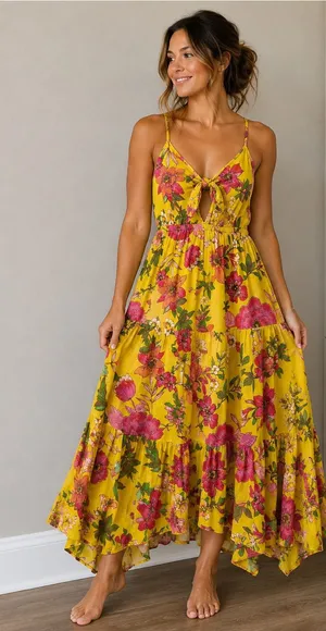 NWT Band Of The Free- Free People Yellow Floral Tie-Front Maxi Dress thumbnail 1
