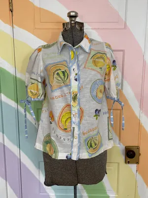 Prosperina Clementine Multi Print Cotton Linen Button Front Tie Sleeve Top 💛🎀 thumbnail 5