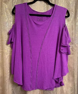 Free People We The Free Purple Rayon Linen Blend Cold Shoulder T Shirt Large thumbnail 1