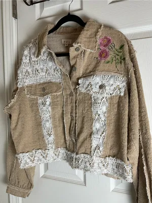 POL Cropped Raw Edge Distressed Jacket Medium Boho Lace Floral Embroidery thumbnail 3