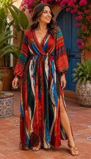 Women’s L Multicolor Abstract V-Neck Smocked Waist 3/4 Balloon Sleeve Maxi thumbnail 1