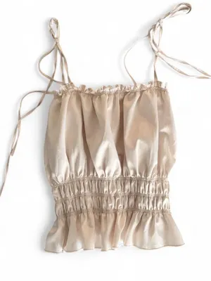 Zara Champagne Satin Smocked Tie Strap Ruffle Camisole Top Medium thumbnail 1