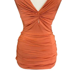 Better Be Ruched Body-con Plunge Mini Dress In Burnt Orange thumbnail 3