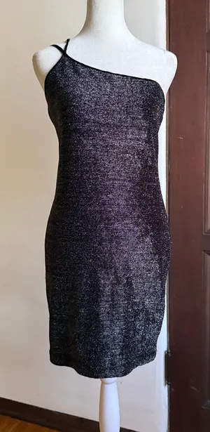 80s Guess by Maurice Marciano One Shoulder Mini Dress Black Gold Sparkles Small thumbnail 1