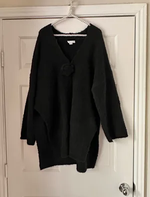 HYFVE Black Fuzzy Rosette Oversized Poncho Cardigan thumbnail 1