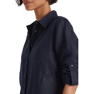 Lauren Ralph Lauren Navy Blue 100% Linen Roll-Tab Button Down Shirt‎ SP thumbnail 2