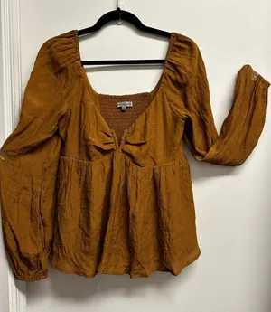 Wishlist Apparel Brand Rust Brown Notched Neck Smock back Peasant Blouse thumbnail 1