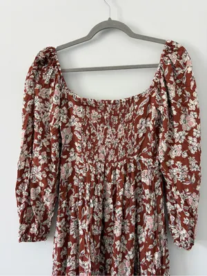 Altar’d State Rust Brown White Floral Peasant Square Neck Long Sleeve Midi Dress thumbnail 5