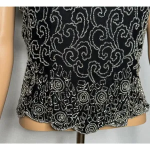 Vintage 1980s Papell Boutique Black Silver Beaded Silk Evening Top Small thumbnail 7