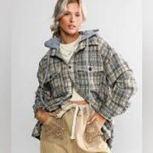 A‎ Peach (A Buckle Brand) Oversized Tweed Hooded Shacket Size Large thumbnail 4