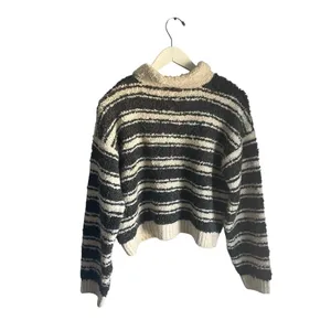 Maeve‎ Anthropologie Striped Polo Sweater Grey Cream Rhinestone Buttons sz L thumbnail 6