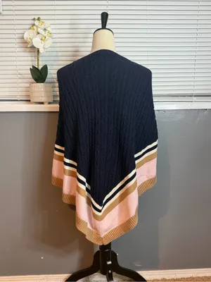 Talbots Cable Knit Cashmere Blend Poncho Navy Pink Camel Colorblock Cape XS thumbnail 5