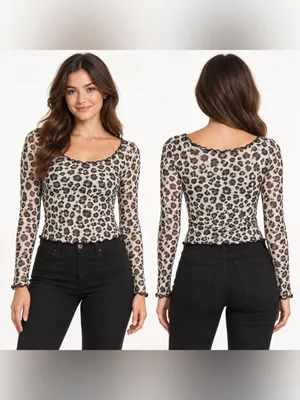 Just Polly New York Leopard Print Sheer Mesh Long Sleeve Crop Top Size L thumbnail 2